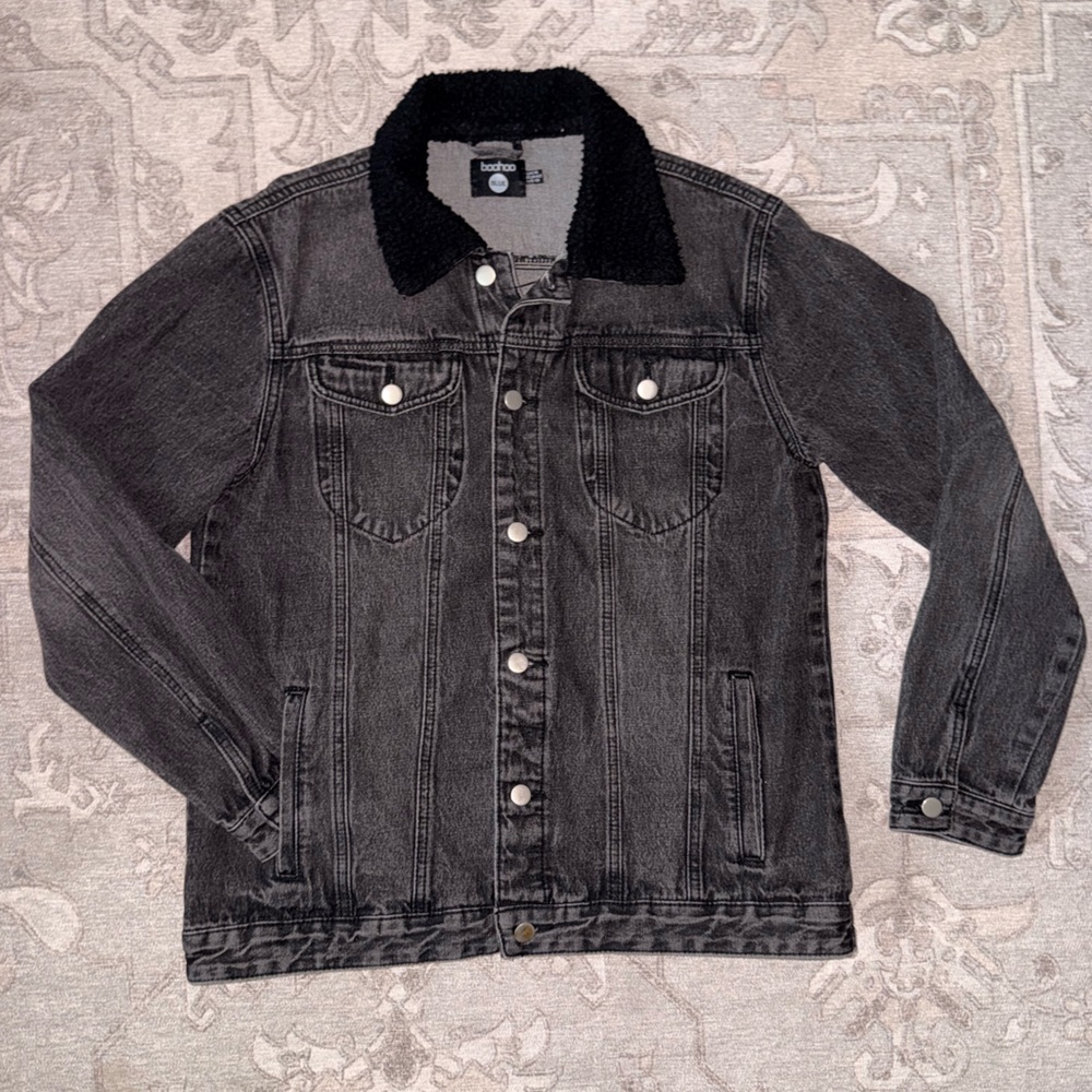 BooHoo Charcoal Denim Jacket with Black Sherpa Collar